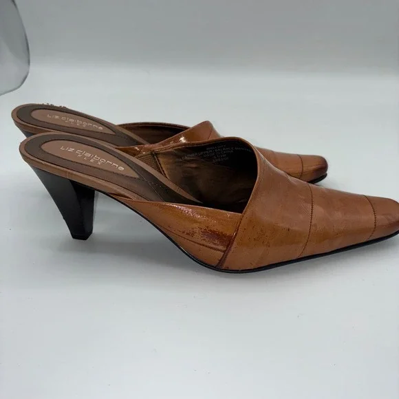 Liz Claiborne Mallory Tan Leather Pointed Toe Mules Shoes Women 6.5M Career Chic - Picture 7 of 12